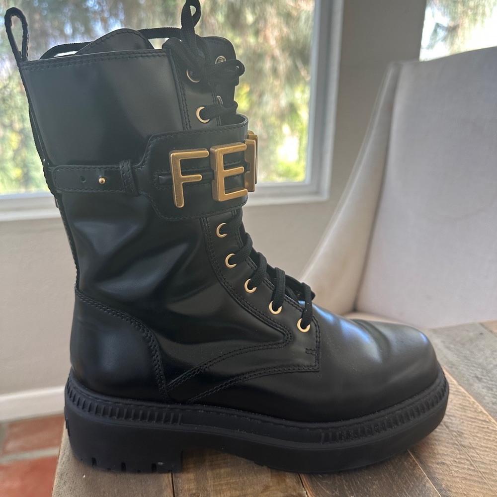 Fendi Black Combat Boots with Gold Accents